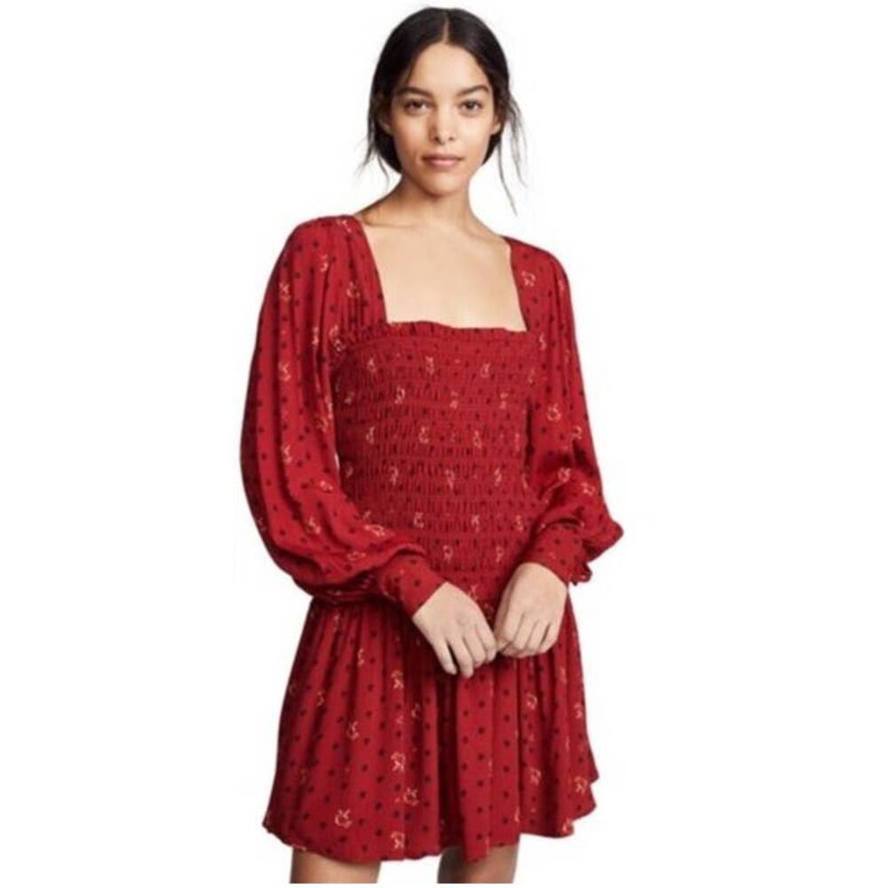 SALE Free People Smocked Floral Mini Dress - Red -  Size Small